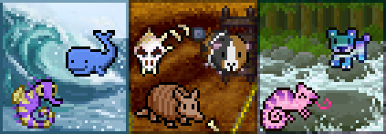 Habitican pets play across adventurous backgrounds. From left to right, a Base Seahorse and Base Whale frolic on a Big Wave, a Base Armadillo and Base Guinea Pig explore an Archaeological Dig, and a Cotton Candy Pink Chameleon and Fluorite Bear Cub ford a Raging River.